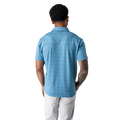 Man wearing a blue patterned polo shirt on a white background