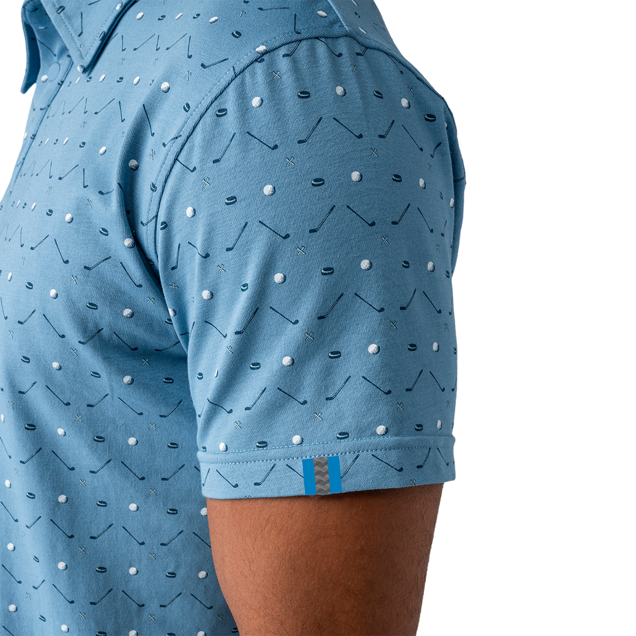 Blue polo shirt with golf pattern on a white background