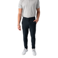Person wearing navy pants and a striped shirt on a white background